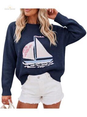 Womens Fish Graphic Sweater Lightweight Knit Crewneck Pullover